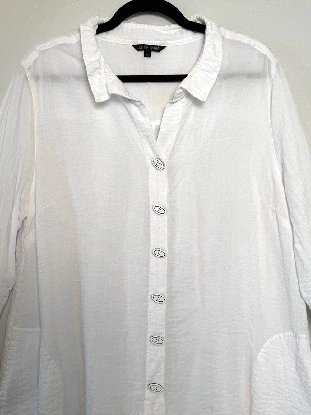 John Mark White Crinkle Decorative Button Down Roll Tab Sleeve Tunic L Pockets